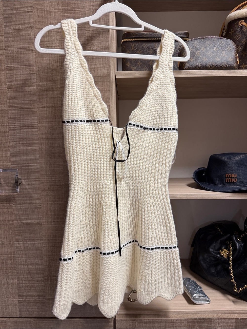 For Love And Lemons Cream Knit V‑Neck Sleeveless Dress with Black Trim